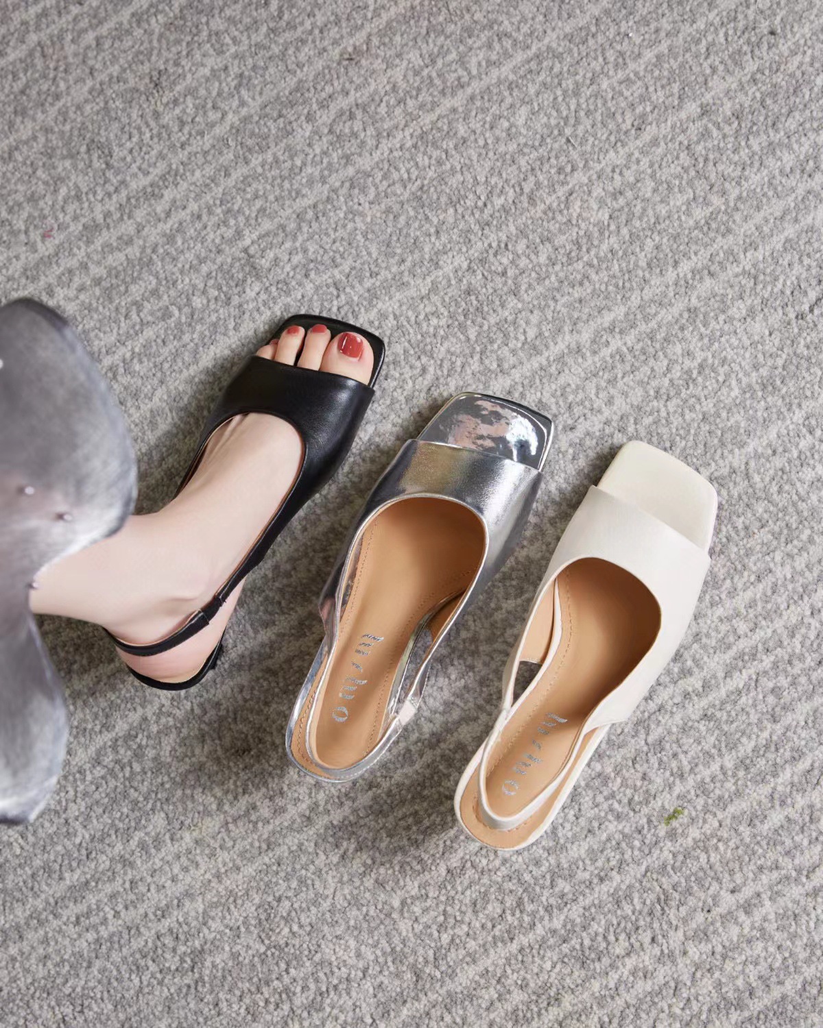 Sandal cao gót nữ mũi nhọn quai ngang da thật, gót trung bình, đế mềm hở gót — đen chi tiết 1