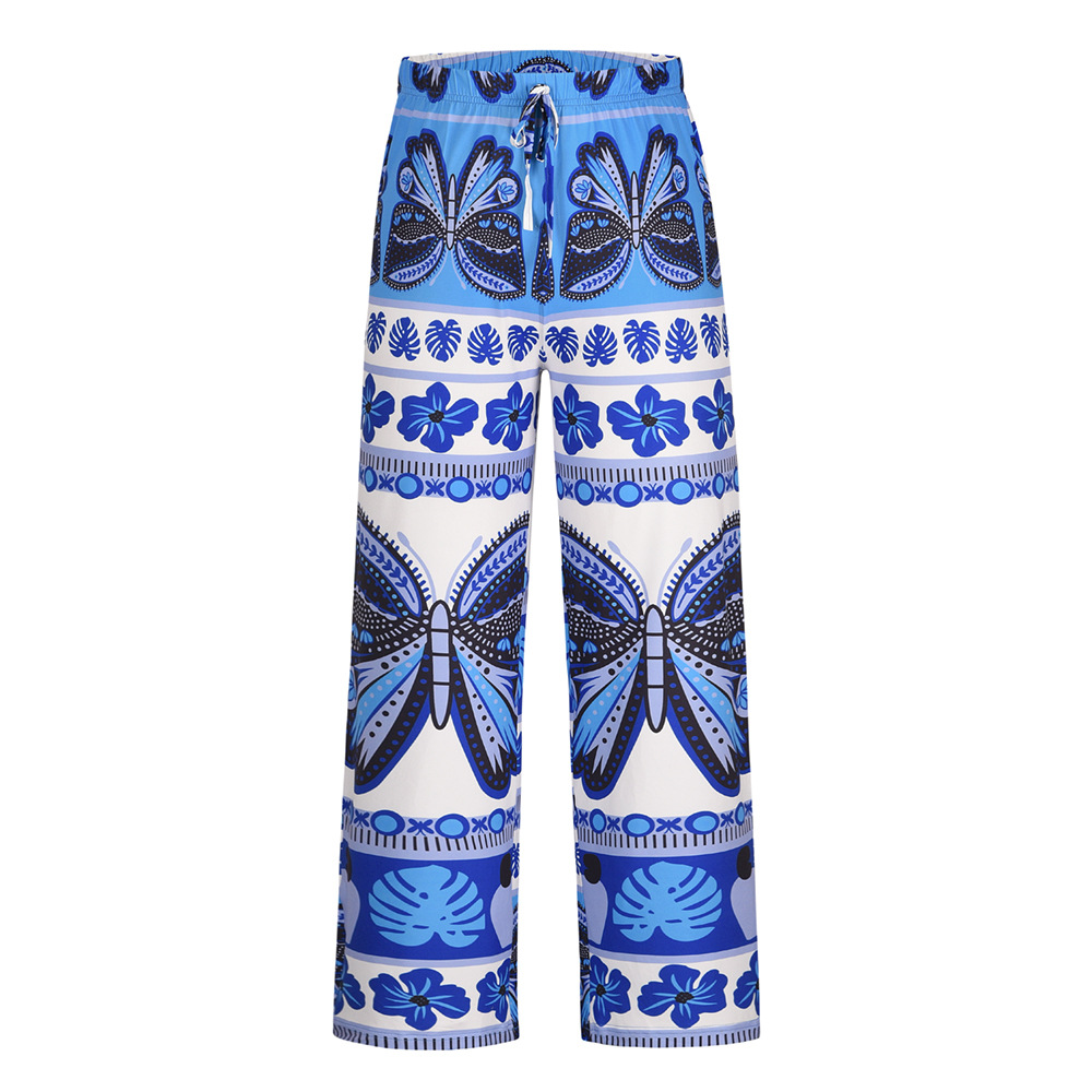 pantalones de playa rectos con estampado de pernera ancha y cintura alta de verano NSHYG118518