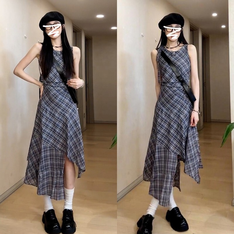 American Retro Plaid Sleeveless Dress for Women, New Summer Style, Niche Design, Irregular Vest Dress, Mid-Length