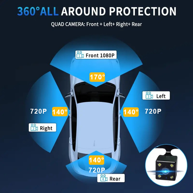 360 ° Cross-border four-camera high-definition dashcam with infrared night vision, supports mobile phone connectivity and 24-hour parking monitoring