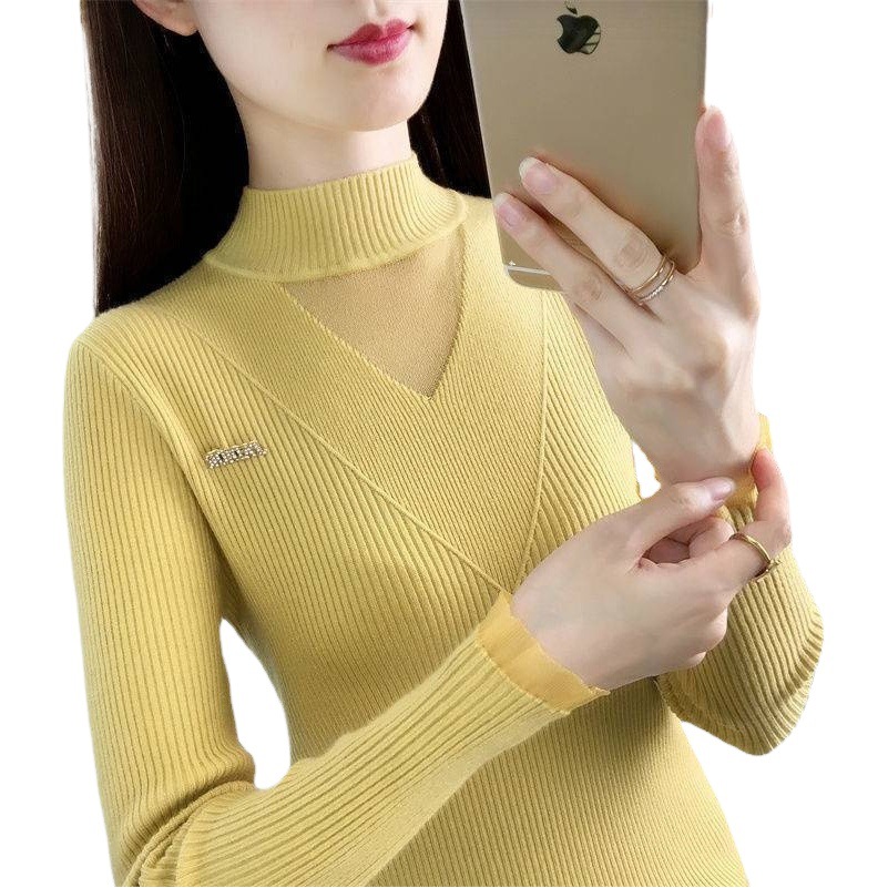 Top para mujeres 2023 nuevo Otoño e Invierno SLIM-Fit medio cuello alto encaje estilo occidental suéter de manga larga de punto camisa de moda