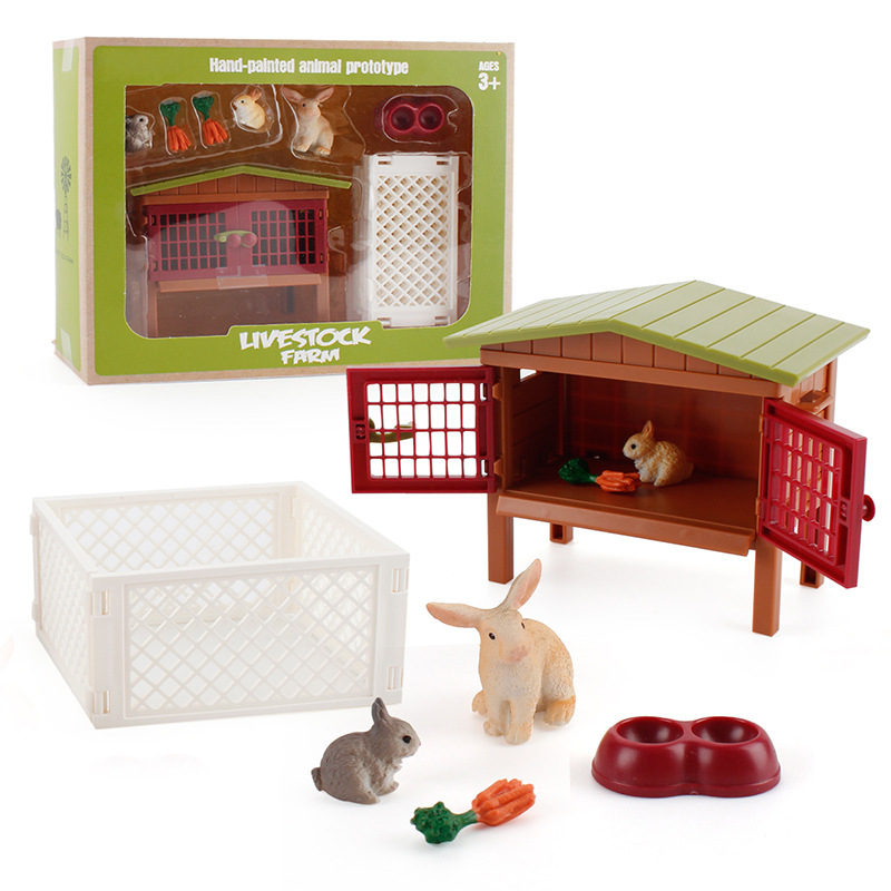 Simulación de granja rancho escena modelo juguete traje pequeño tamaño conejo gallo gallina con valla pollo casa
