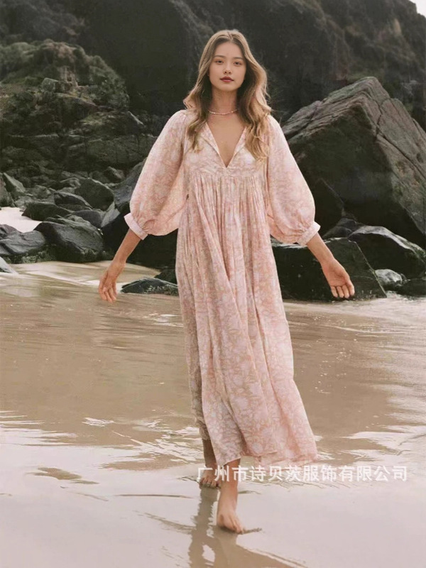 跨境亚马逊v领波西米亚度假风印花灯笼袖长裙连衣裙休闲舒适|undefined