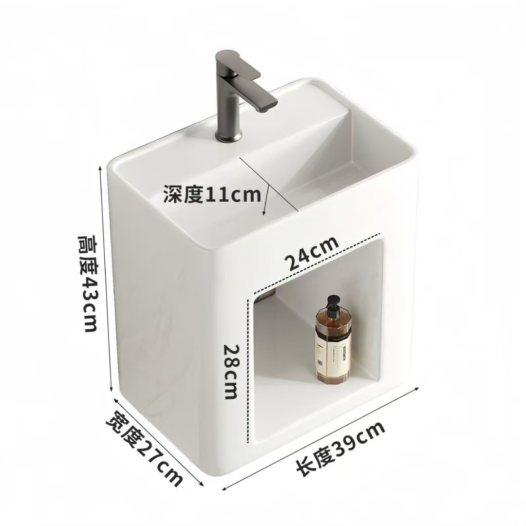 Lavabo de pared para apartamento pequeño, lavabo de cerámica integrado, balcón de baño con compartimiento de almacenamiento, lavabo