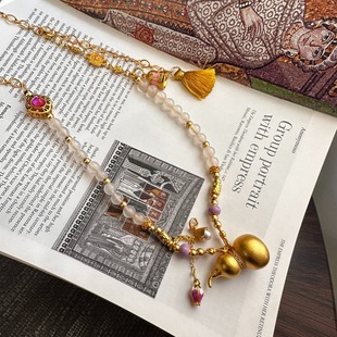 Hot sale carved gourd burnt blue slip white round beads adjustable ancient sand gold accessories necklace sweater chain for women