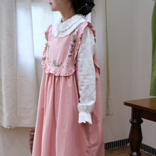 2025春季新款女圆领日系刺绣棉麻连衣裙宽松中长裙ins外贸森系