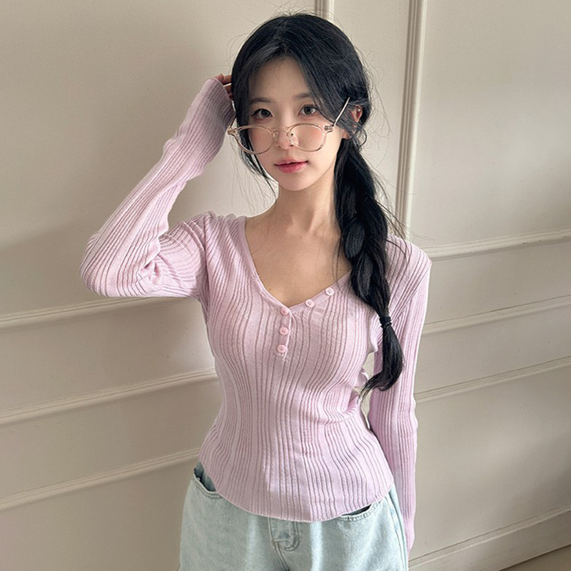 恋恋布忘女装秋冬温柔风V领单排扣毛织上衣新款纯色修身长袖打底|undefined