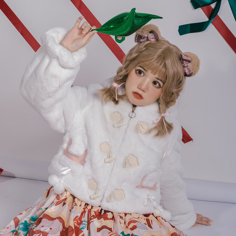 Abrigo Peluche Lolita con Capucha de Piel de Conejo para Otoño e Invierno image 3