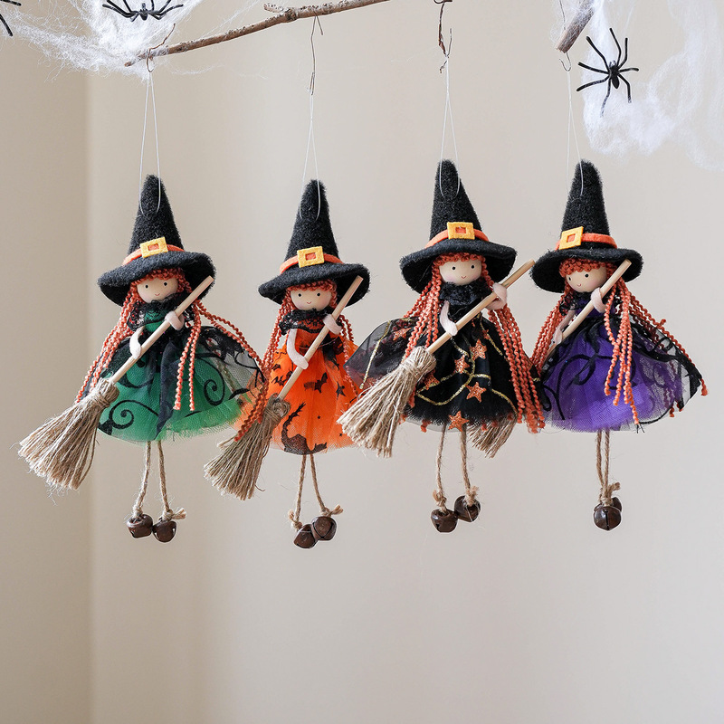 国境を越えた新しいハロウィン装飾メッシュほうきガールエンジェルペンダントベル吊り人形クリスマスツリー装飾|undefined