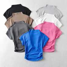 -款 韩版修身款小高领两侧褶皱糖果色净面短袖套头恤上衣