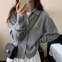 羊绒毛衣外套女25秋冬韩系刺绣POLO领针织开衫学院风慵懒翻领上衣