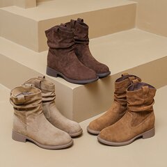 韩版反绒面堆堆靴马丁靴女2025秋冬复古显瘦百搭高跟小个子短靴女