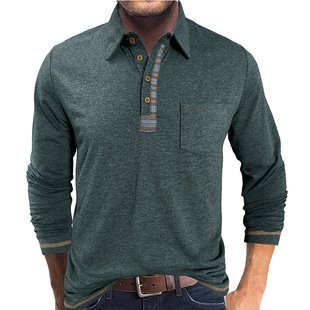 Men's European and American Style Button-Down Polo Shirt with Colorful Cotton Long Sleeves, Casual Fashion Pocket Base Shirt for Men