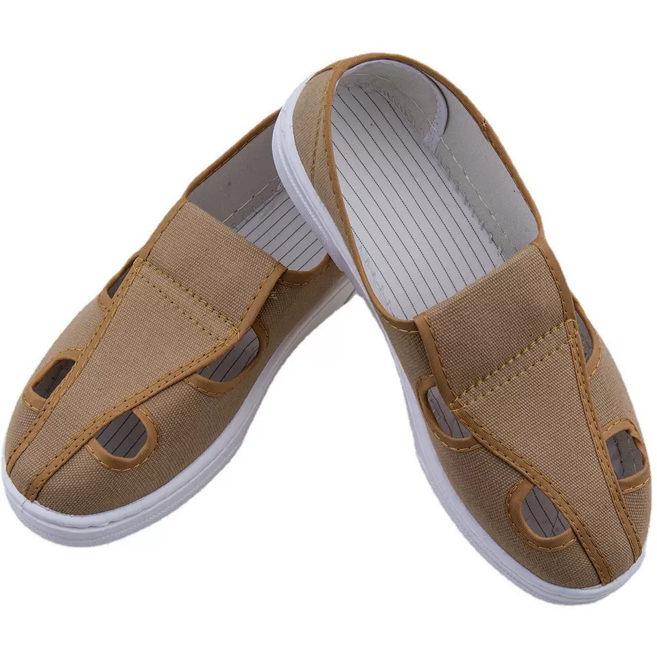 四孔透气洁净鞋防静电鞋SPU低帮土黄帆布四孔鞋