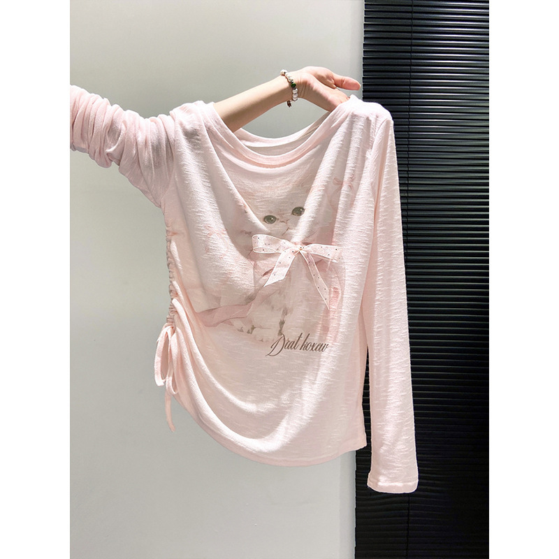 Clearance Sale ~ Authentic Cut Label Korean Dongdaemun Age-Reducing Loose Pleated Waist-Cinching Asymmetrical Neck Long-Sleeve T-Shirt for Women in Autumn