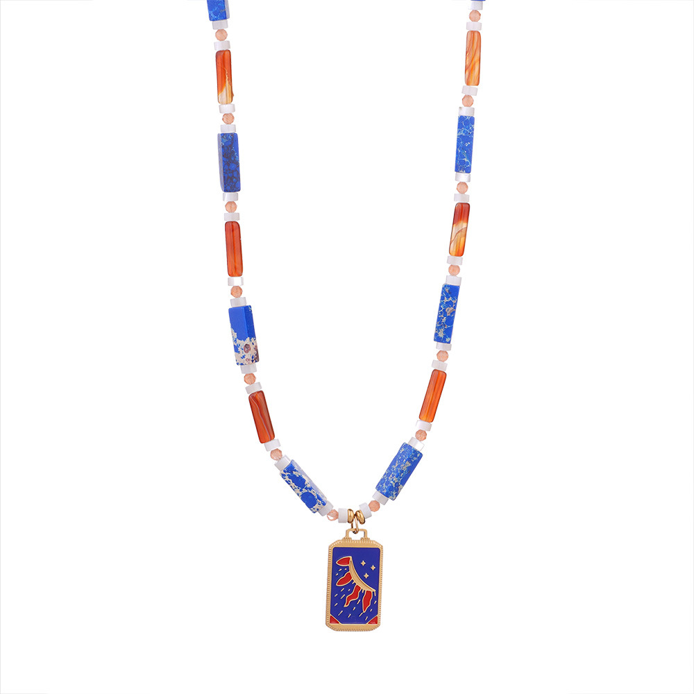 Enamel Design Natural Stone Titanium Steel Beaded Chain Enamel Geometric Sun Heart Shape Pendant Necklace
