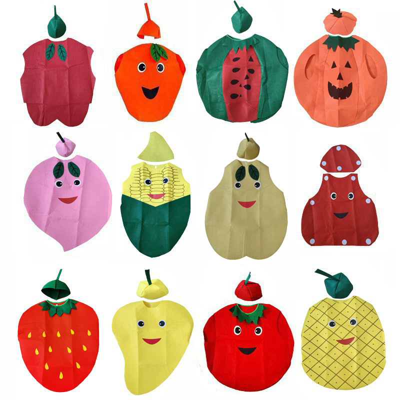 大人の子供の日のショーの服装の不織布の果物のリンゴのバナナの野菜の服の舞台のショーの親子の服|undefined