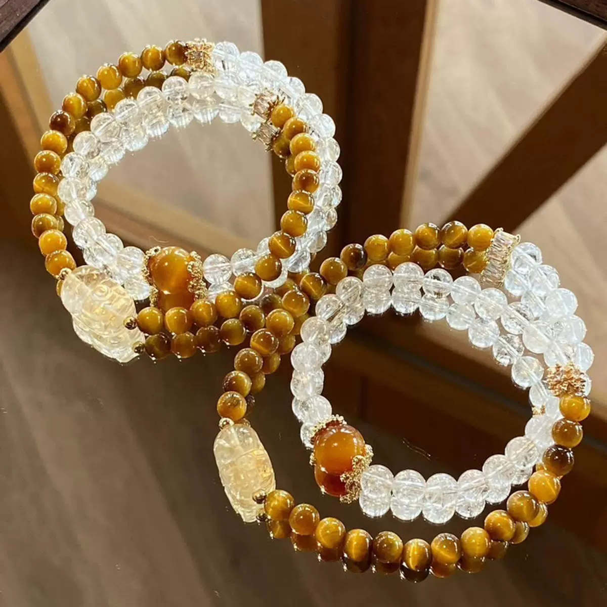 新中式虎眼白水晶花牌双圈手串虎眼白水晶貔貅双圈手串多巴胺