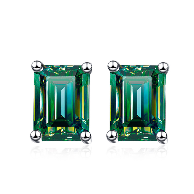 Azul-verde rectangular esmeralda cortado pendientes de piedra de moissanita rosa pendientes de piedra de moissanita plata joyas exclusivas transfronterizas