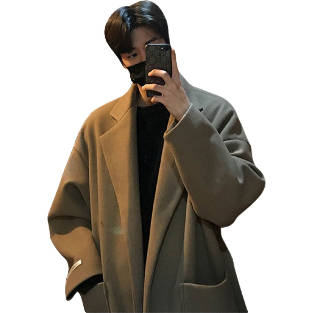 Abrigo de lana largo de estilo coreano de los hombres de moda suelta traje de cuello trench coat Hong Kong estilo hermoso todo-fósforo Otoño e Invierno sobre la rodilla abrigo