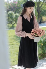 茶歇法式灯芯绒连衣裙套装女春秋新款内搭翻领衬衫显瘦背带裙