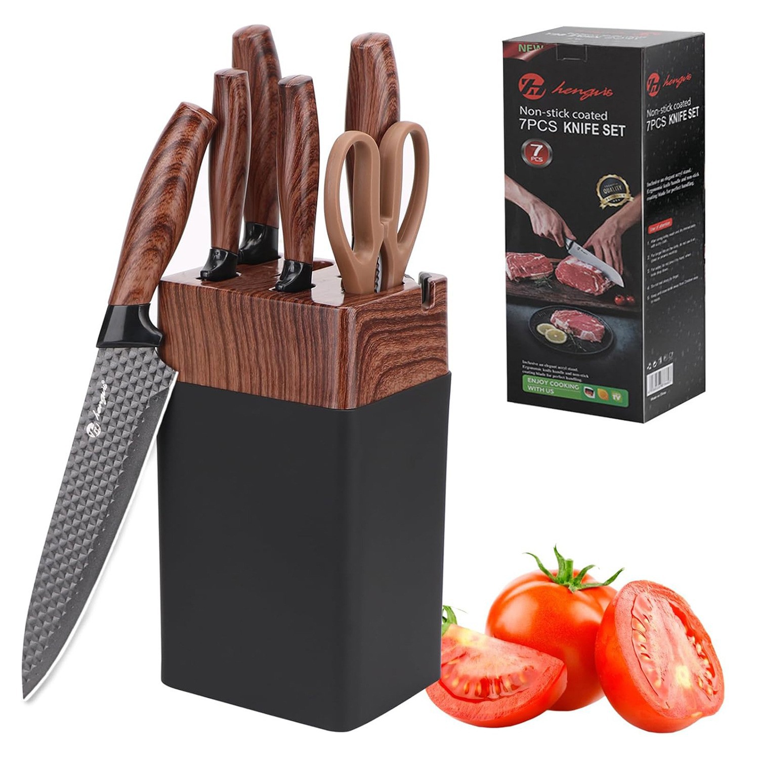 Cuchillo de cocina de acero inoxidable cuchillo de corte de verduras afilado cuchillo de cocinero conjunto de siete piezas combinación de cuchillo de madera fabricante de conjunto