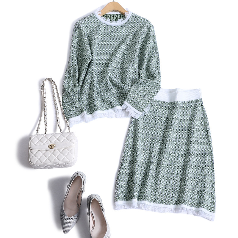 日本小香风套装裙两件套女2019秋冬季新款气质显瘦羊毛针织毛衣裙