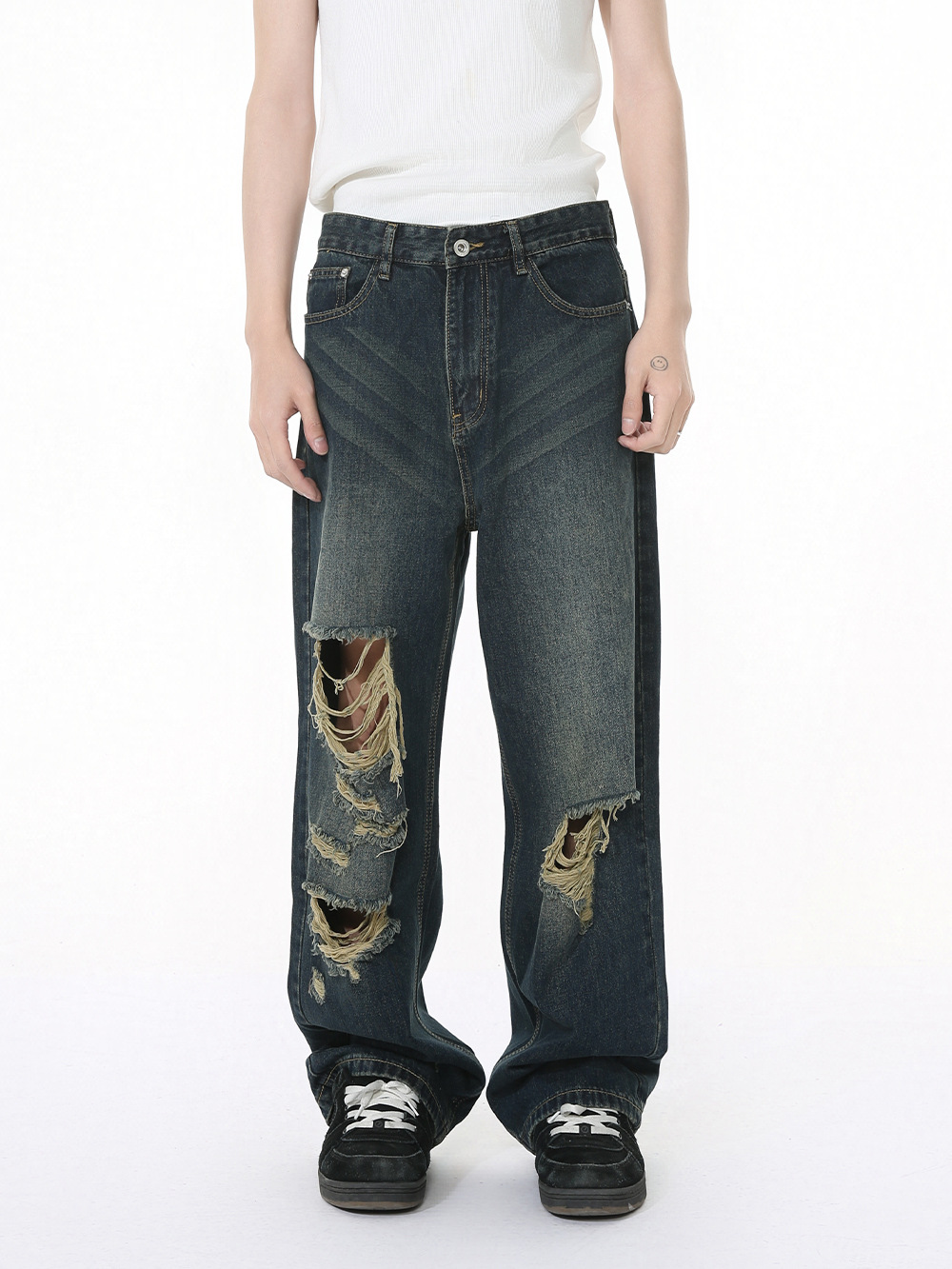 MTLCLOTHES Hombres| Nuevos productos americanos de alta calle vibe desgastado hacer viejos bordes sueltos jeans recto de moda