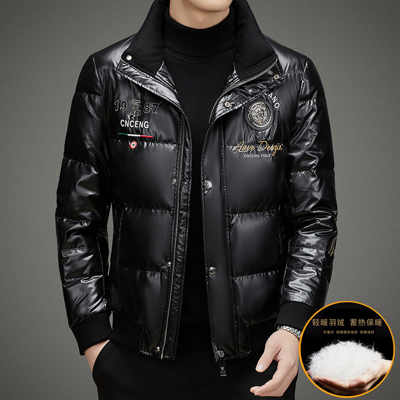 Tommy Hilfiger Trendy Brand Embroidered Black Glossy down Jacket for Men, Winter Middle-Aged Business Thick Versatile Warm Coat