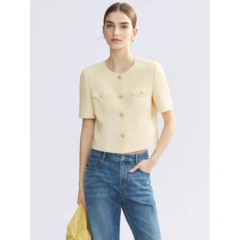 Lang Series 2026 Summer New Style Little Chanel Style Yellow Short-Sleeve Jacket for Women, Short Round Neck Single-Breasted Top