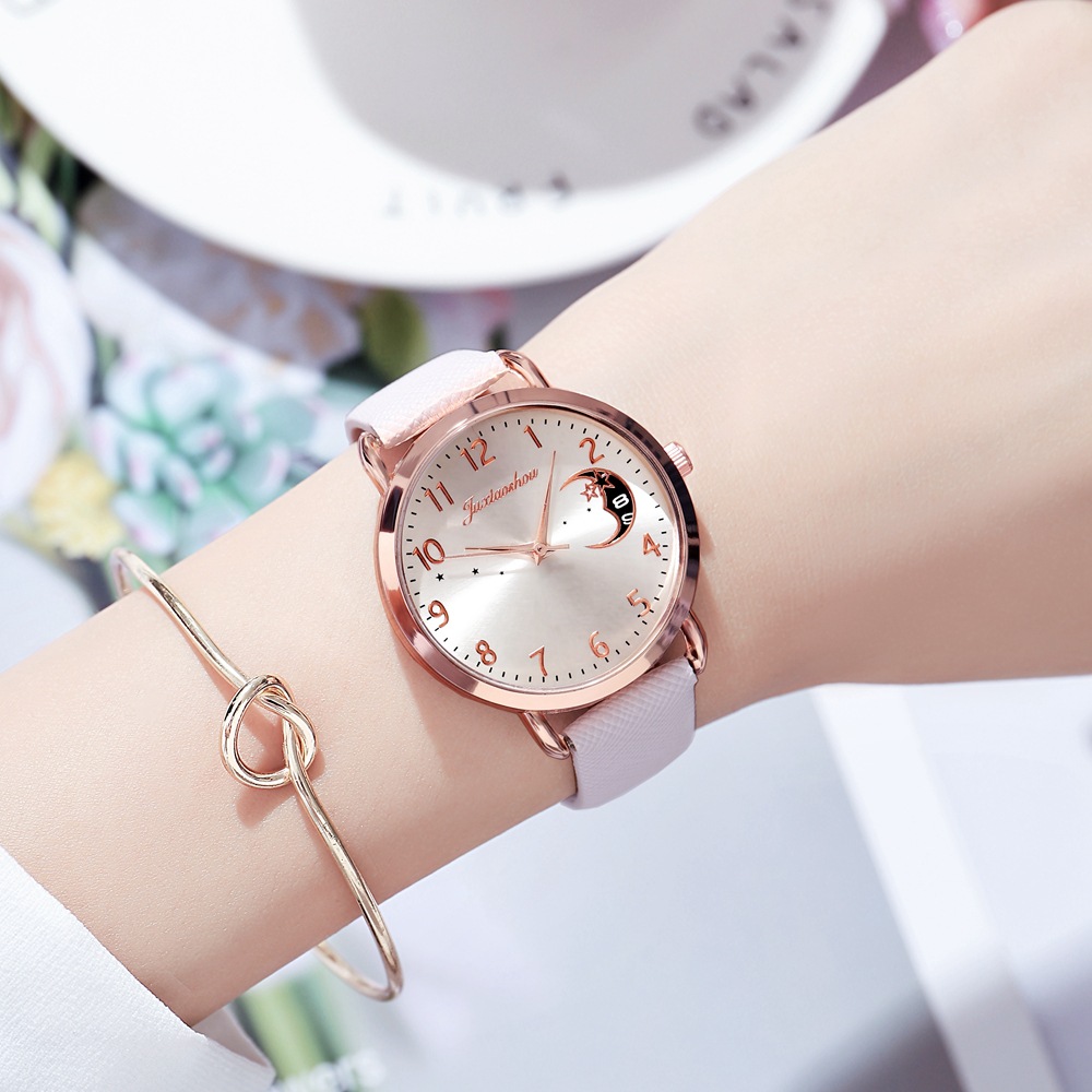Orologio da studente in oro rosa con cinturino minimalista da donna con motivo stella lunare, nuovo prodotto caldo e alla moda 2024_voghion.com