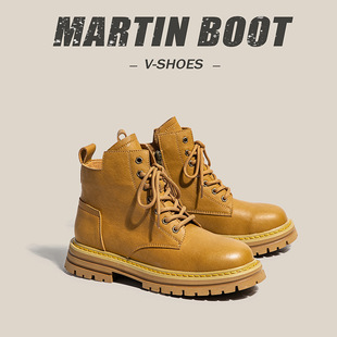 Martin Boots for Men 2022 Autumn New Yellow Boots Cowhide Vintage Versatile Work Boots Men's Trendy Shoes Non-Slip Wear-Resistant