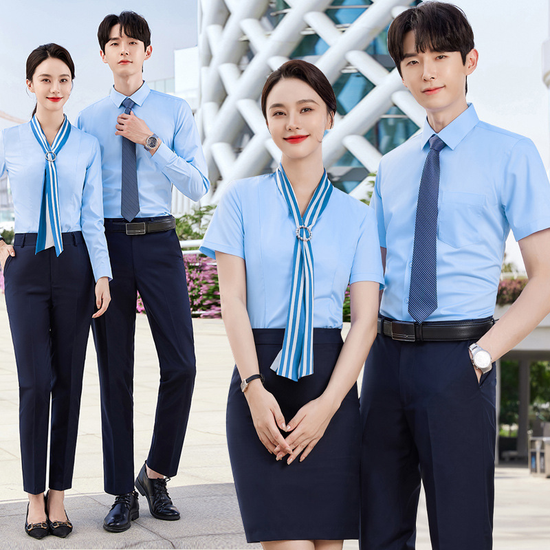 2023 Lake Blue Business Dress Shirt for Men and Women Temperament V-neck Slim-fit Temperament Work Clothes Hotel Beauty Frock