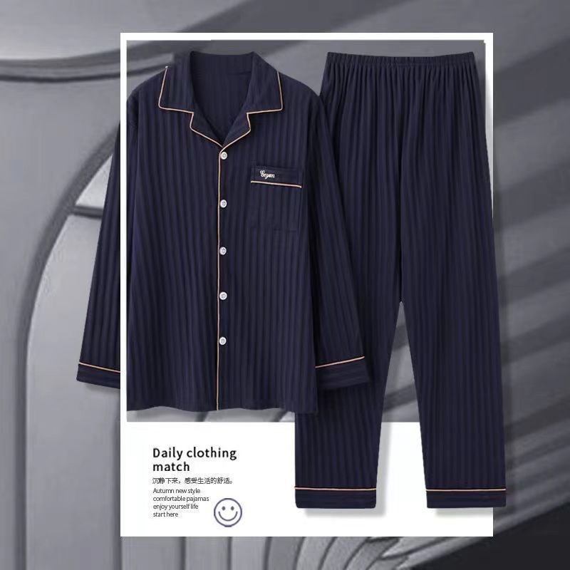 Pijama de algodón masculino primavera y otoño cardigan de manga larga suelta más grande se puede usar fuera del conjunto de ropa de casa