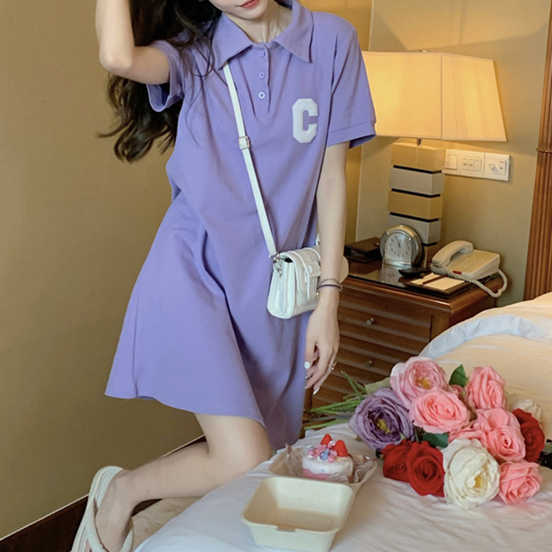 polo collar short sleeve dress women's clothing summer 2023 new preppy style purple slim design sense A- line skirt
