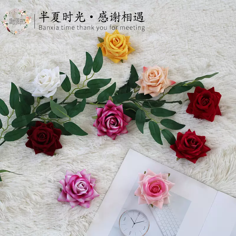 迷你玫瑰花头绒布角玫帽子装饰厂家批发仿真花胸花制作花材团扇花