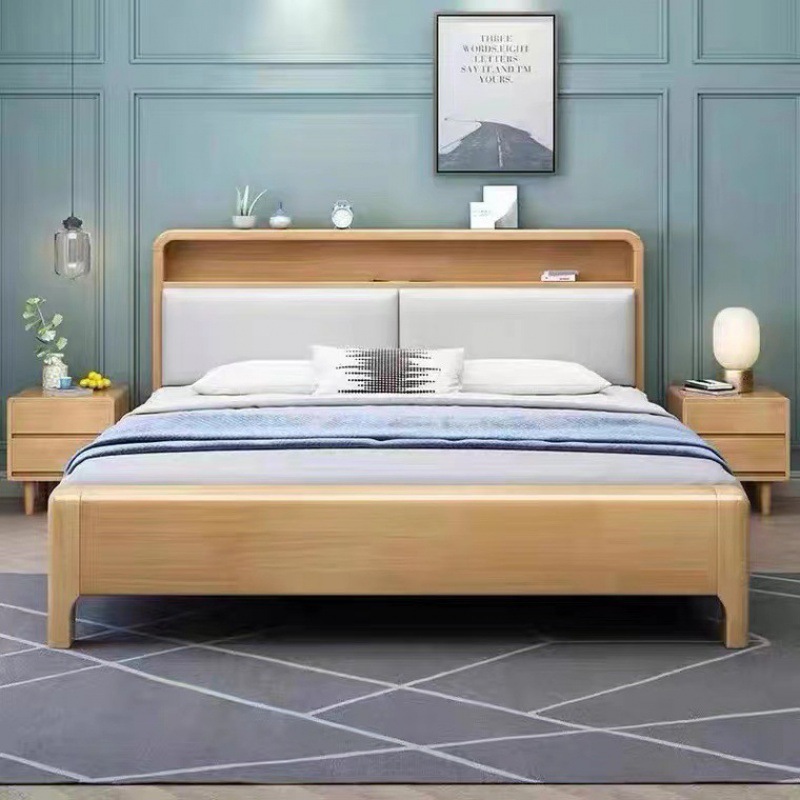 Cama nórdica de madera maciza Cama doble de 1,8 m Cama principal de 1,5 m con luz nocturna Habitación de alquiler simple Apartamento pequeño Cama de 1,2 m