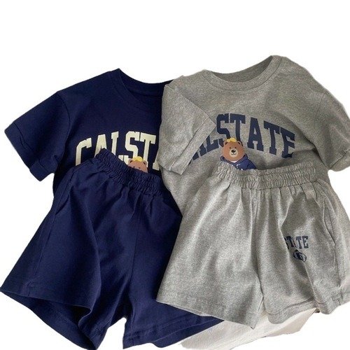 Male and female baby set 2024 new summer style small and medium-sized bear cartoon style thin casual sports two-piece set