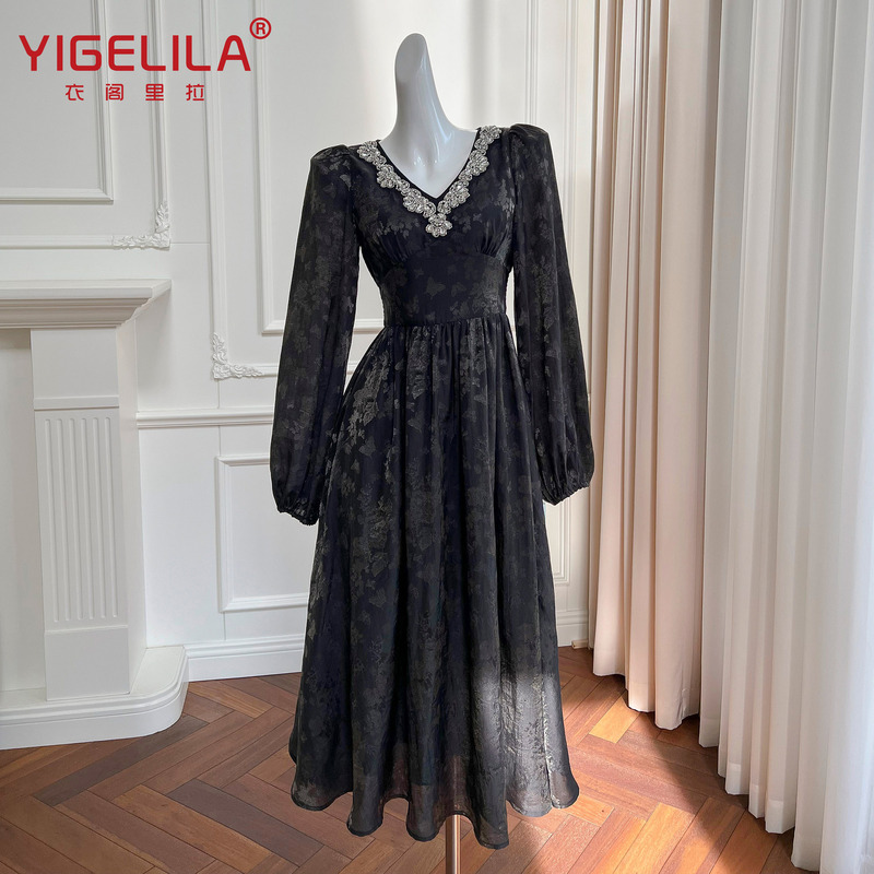 Black Banquet Party Banquet Dress Elegant Lantern Sleeve Mid-Length Dress 68347