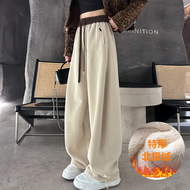 Extra Thick Arctic Velvet Embroidered Pony Scimitar Wide-Leg Pants for Women in Autumn and Winter Loose Slimming Casual Versatile Straight Sports Pants