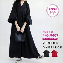 2025日系春秋装新款女装 灯笼袖纯色V领宽松显瘦衬衫裙长袖连衣裙