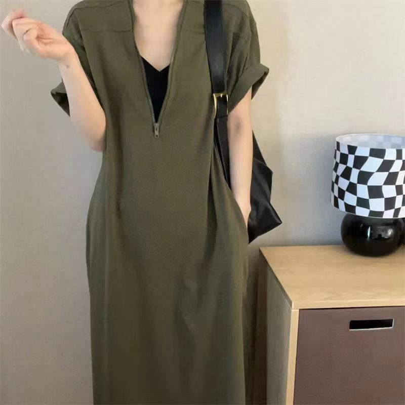 Zipper Cotton dress Summer New Retro Solid Color Simple Literary Style Hepburn Style Loose Fat MMA Dress