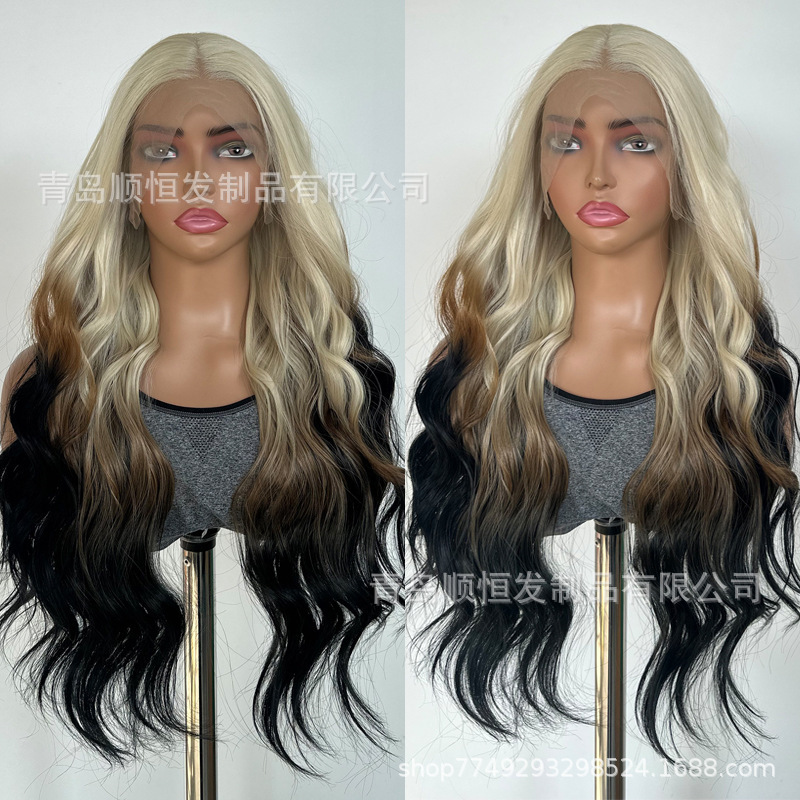 Cross-Border New Product Golden Gradient Brown-Black Long Curly Hair 13*4 Front Lace Synthetic Wigs Factory Wholesale Cross-Border New Product Golden Gradient Brown-Black Long Curly Hair 13*4 Front Lace Synthetic Wigs Factory Wholesale
