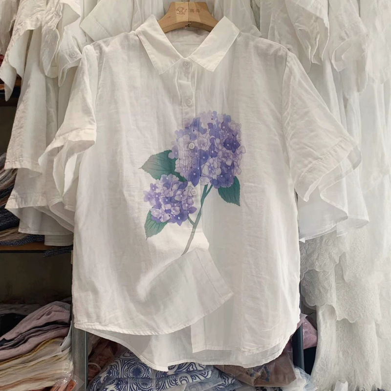 Summer New Style Short-Sleeved Shirt, Fresh Digital Print Double-Layer Cotton Gauze Shirt, Loose Women's Top Wholesale 6654