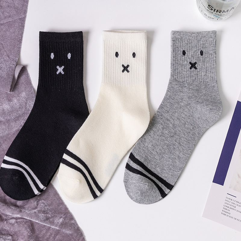 Rabbit Face Socks for Women, Mid-Calf Socks, Cute College Style Cotton Socks, Simple Double-Striped Spring and Summer New Trendy Socks for Women, Ins