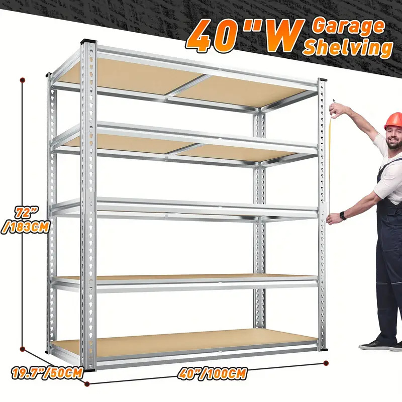 跨境40英寸宽镀锌钢架置物架货架5层储物架适用于车库厨加厚多层