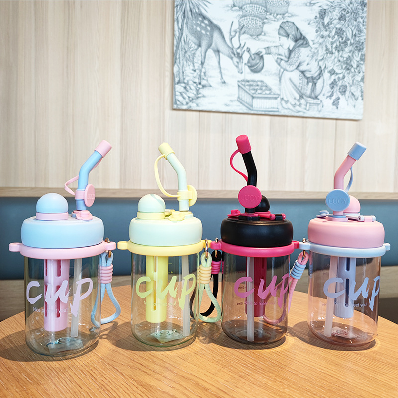 Verano portátil doble bebida paja taza de agua de plástico estudiantes de moda coreana con taza de té con fuga de flores