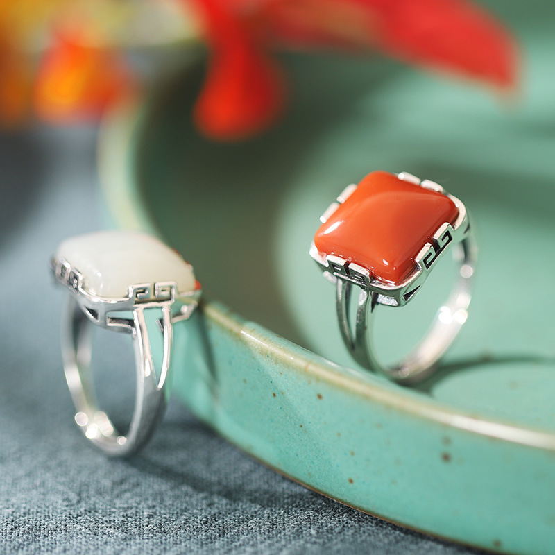 Square retro S925 silver inlaid Hetian jade geometric open ring