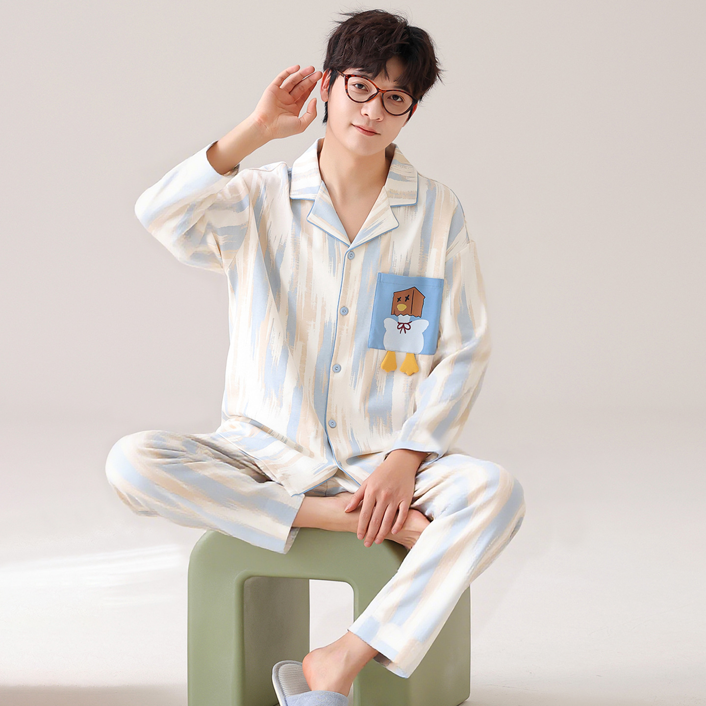 Men's Pajamas Spring and Autumn 2025 New Pure Cotton Long Sleeve Cute Cartoon Men's Teenagers Home Clothing Set Winter