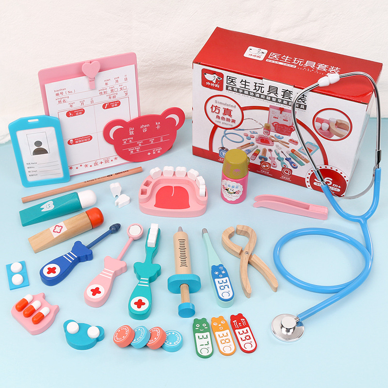 children doctor Toys suit Give an injection tool wooden  simulation Box medical box girl Male baby Play house